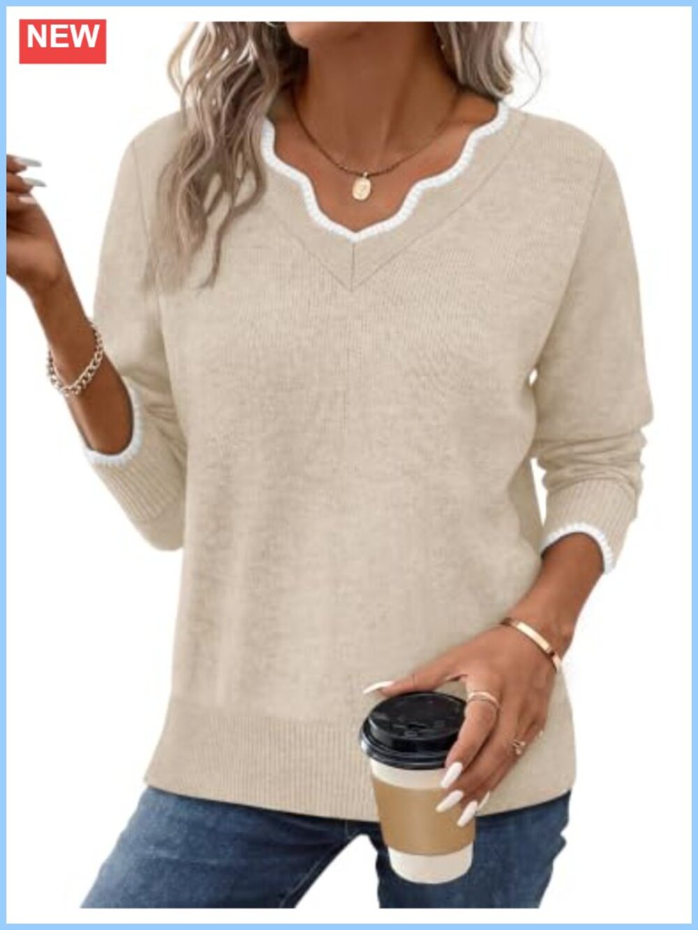 Women's V-Neck Cozy Pullover Sweater Long Sleeve Fall Top